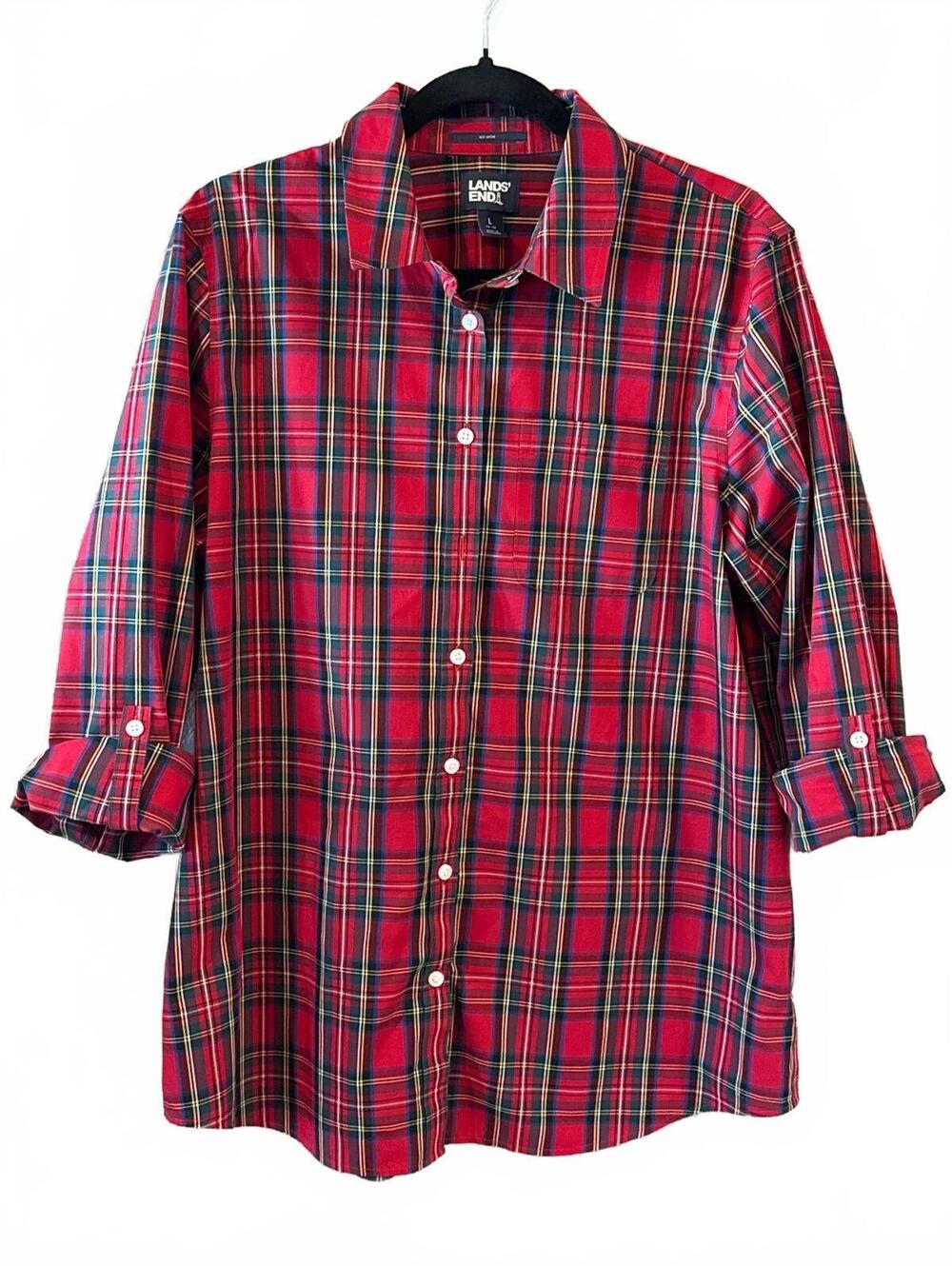 Lands' End Red Plaid Button-Up Shirt Size L 14-16